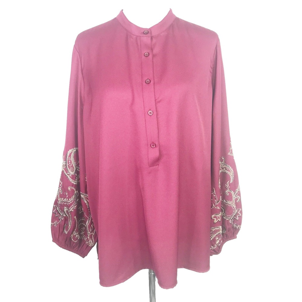 Chicos Top Women Extra Large 3 Red Burgundy Embroidered Gold Beaded Sleeve Artsy